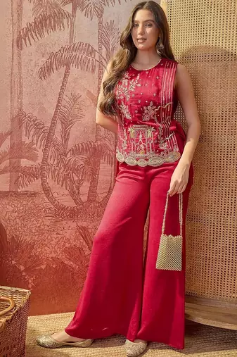 florals embroidered top with palazzos & waistcoat