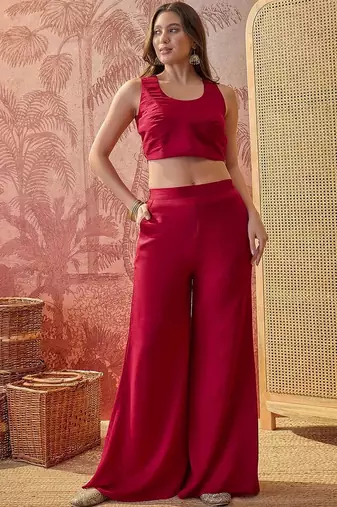 florals embroidered top with palazzos & waistcoat