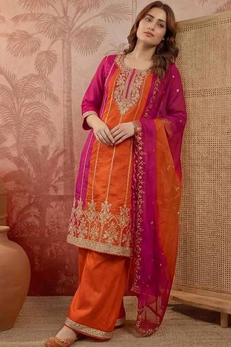 embroidered round neck kurta & palazzos with dupatta