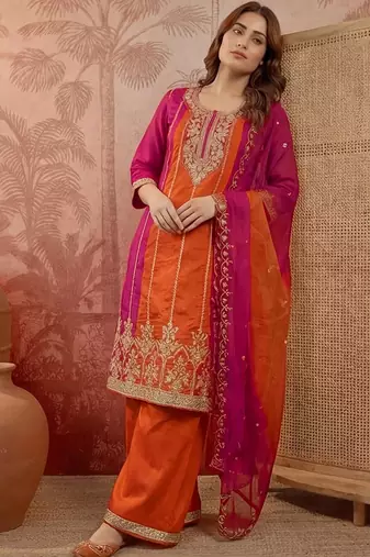 embroidered round neck kurta & palazzos with dupatta