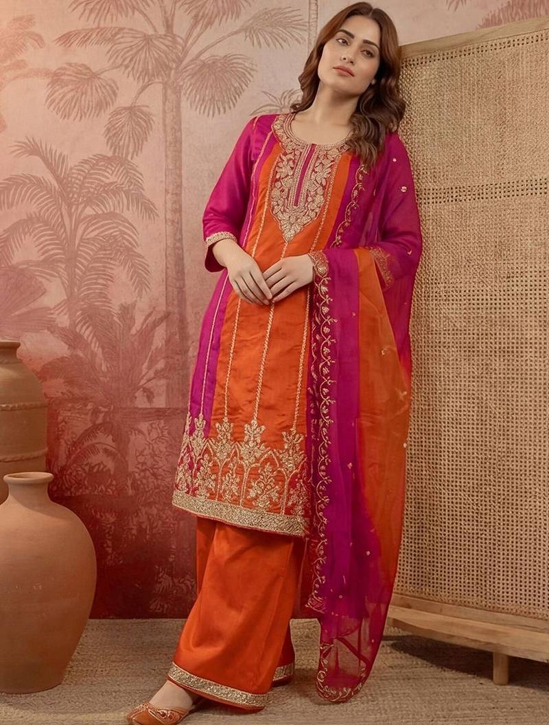 embroidered round neck kurta & palazzos with dupatta