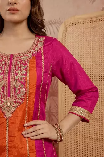 embroidered round neck kurta & palazzos with dupatta
