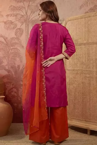 embroidered round neck kurta & palazzos with dupatta