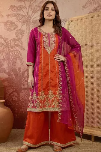 embroidered round neck kurta & palazzos with dupatta