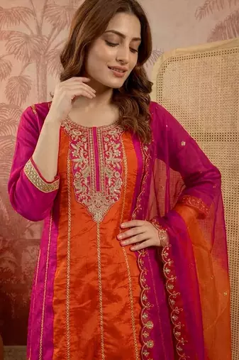 embroidered round neck kurta & palazzos with dupatta