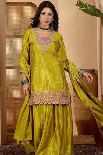 women floral embroidered regular sequinned kurta with skirt & dupatta