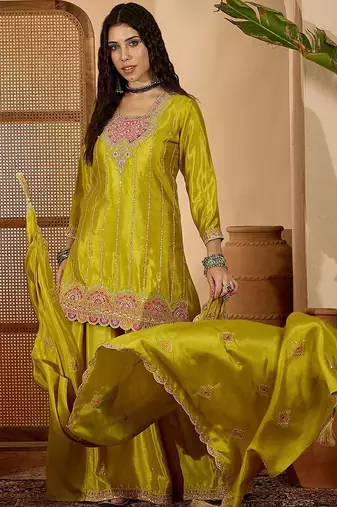 women floral embroidered regular sequinned kurta with skirt & dupatta