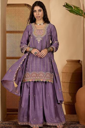 zari embroidered square neck sequinned kurta with skirt and dupatta
