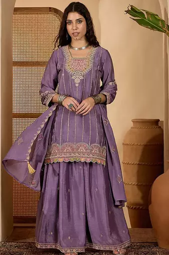 zari embroidered square neck sequinned kurta with skirt and dupatta