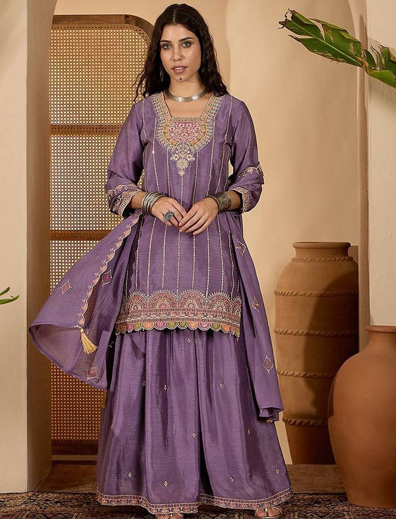 zari embroidered square neck sequinned kurta with skirt and dupatta