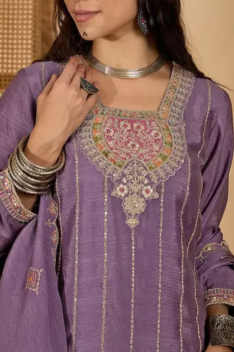 zari embroidered square neck sequinned kurta with skirt and dupatta