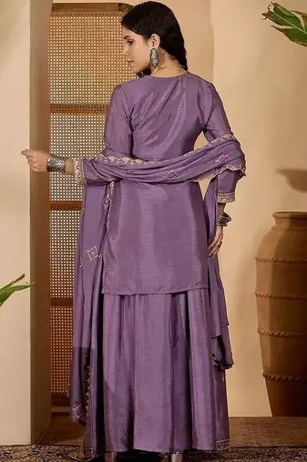 zari embroidered square neck sequinned kurta with skirt and dupatta