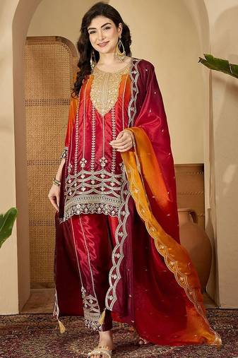 floral embroidered round neck sequinned kurta with trouser & dupatta