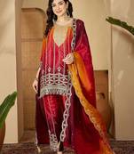floral embroidered round neck sequinned kurta with trouser & dupatta