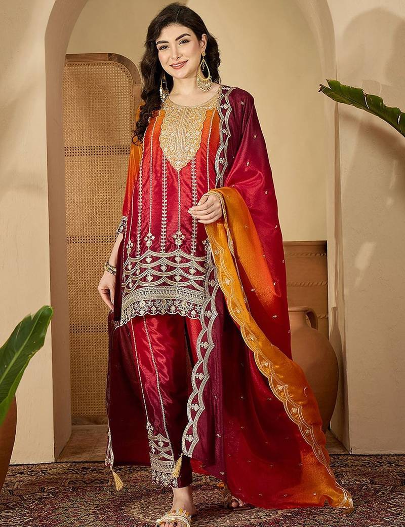 floral embroidered round neck sequinned kurta with trouser & dupatta