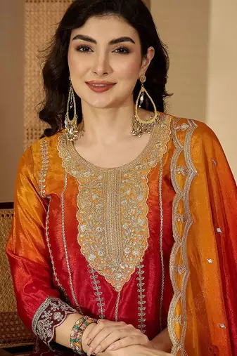 floral embroidered round neck sequinned kurta with trouser & dupatta