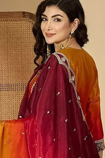 floral embroidered round neck sequinned kurta with trouser & dupatta