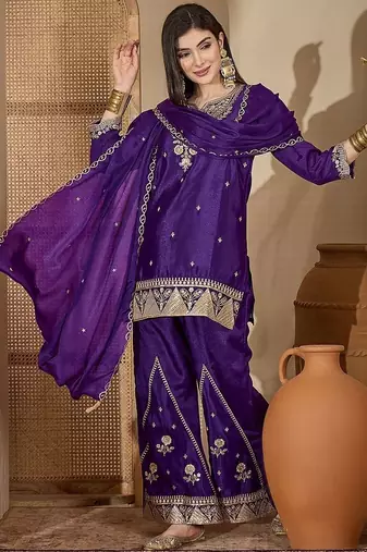 ethnic motifs zari sequence thread embroidered kurta with palazzos &  dupatta