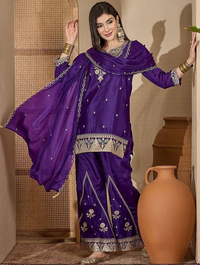 ethnic motifs zari sequence thread embroidered kurta with palazzos &  dupatta