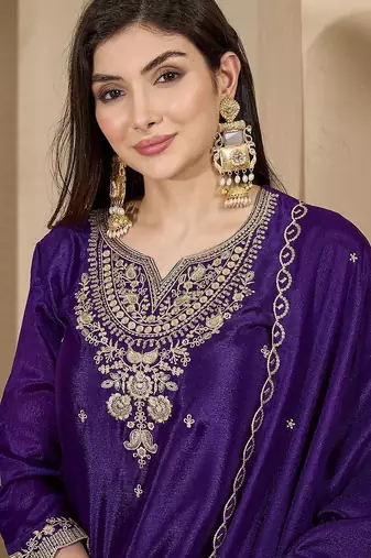 ethnic motifs zari sequence thread embroidered kurta with palazzos &  dupatta