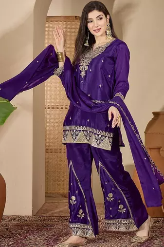 ethnic motifs zari sequence thread embroidered kurta with palazzos &  dupatta