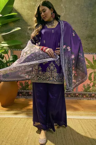 embroidered square neck kurta & palazzos kurta set