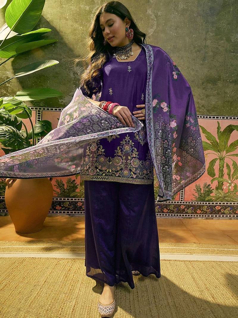 embroidered square neck kurta & palazzos kurta set
