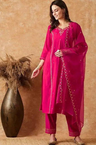 pink floral embroidered sequinned kurta with trouser & dupatta