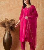 pink floral embroidered sequinned kurta with trouser & dupatta