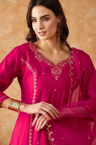 pink floral embroidered sequinned kurta with trouser & dupatta