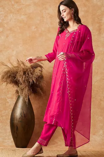 pink floral embroidered sequinned kurta with trouser & dupatta