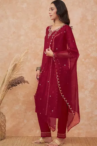 maroon floral embroidered straight kurta with trousers & dupatta