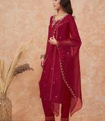 maroon floral embroidered straight kurta with trousers & dupatta