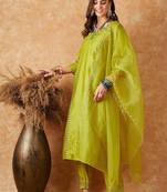 embroidered straight kurta with trouser & dupatta set