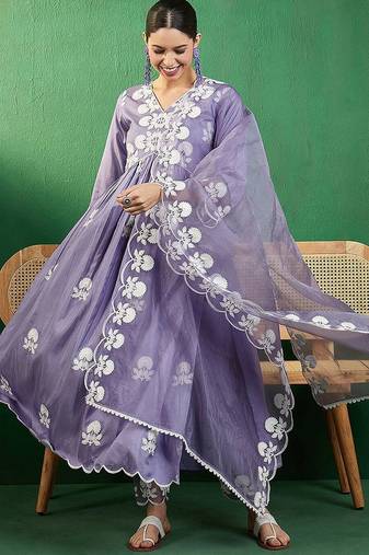alia cut embroidered a-line kurta with trouser & dupatta
