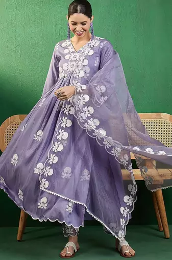 alia cut embroidered a-line kurta with trouser & dupatta