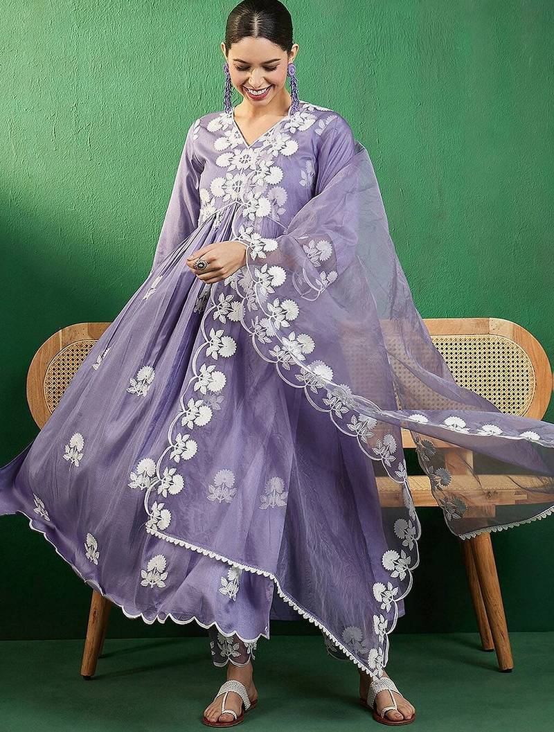 alia cut embroidered a-line kurta with trouser & dupatta