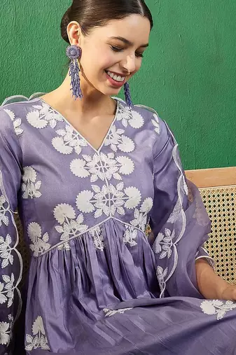 alia cut embroidered a-line kurta with trouser & dupatta