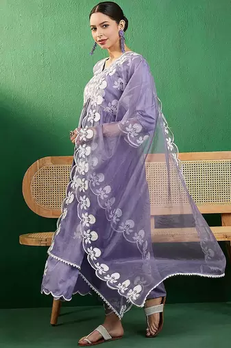 alia cut embroidered a-line kurta with trouser & dupatta