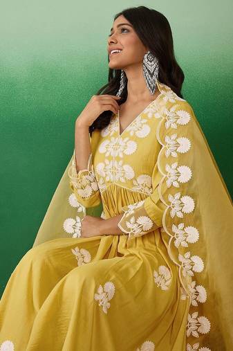 floral embroidered v-neck a-line kurta with trouser & dupatta