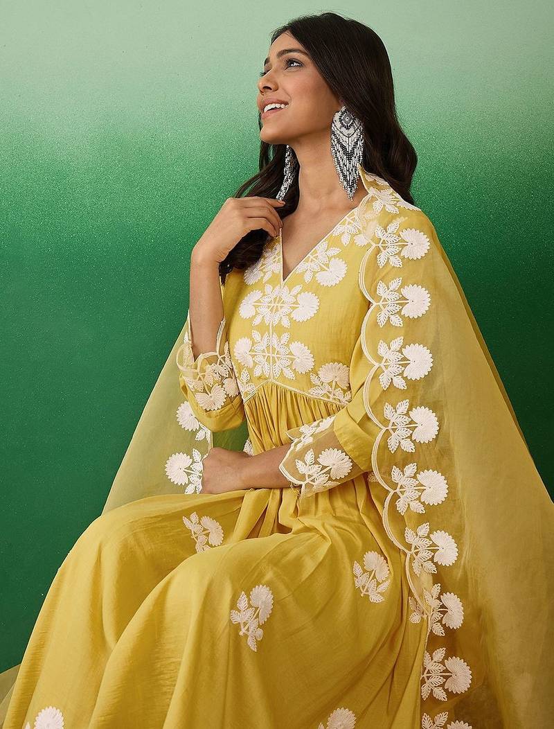 floral embroidered v-neck a-line kurta with trouser & dupatta