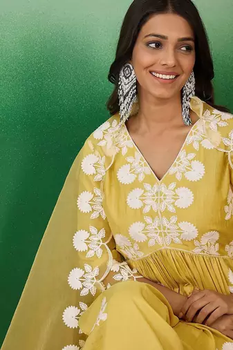 floral embroidered v-neck a-line kurta with trouser & dupatta