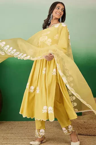 floral embroidered v-neck a-line kurta with trouser & dupatta