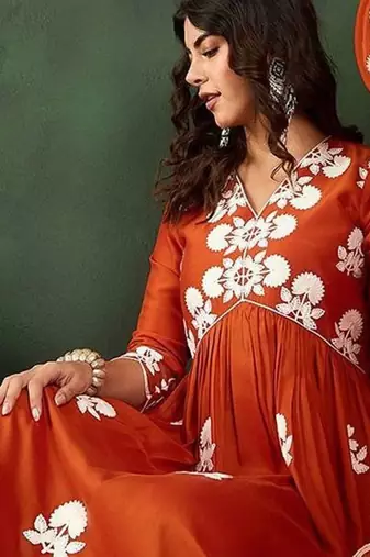 orange-coloured floral embroidered empire a-line kurta with trousers & dupatta