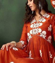 orange-coloured floral embroidered empire a-line kurta with trousers & dupatta