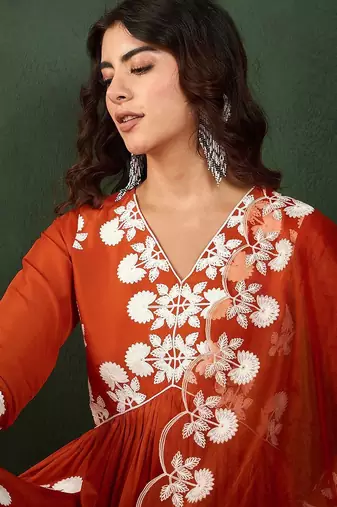 orange-coloured floral embroidered empire a-line kurta with trousers & dupatta