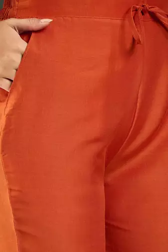 orange-coloured floral embroidered empire a-line kurta with trousers & dupatta