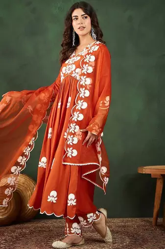 orange-coloured floral embroidered empire a-line kurta with trousers & dupatta