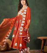 orange-coloured floral embroidered empire a-line kurta with trousers & dupatta