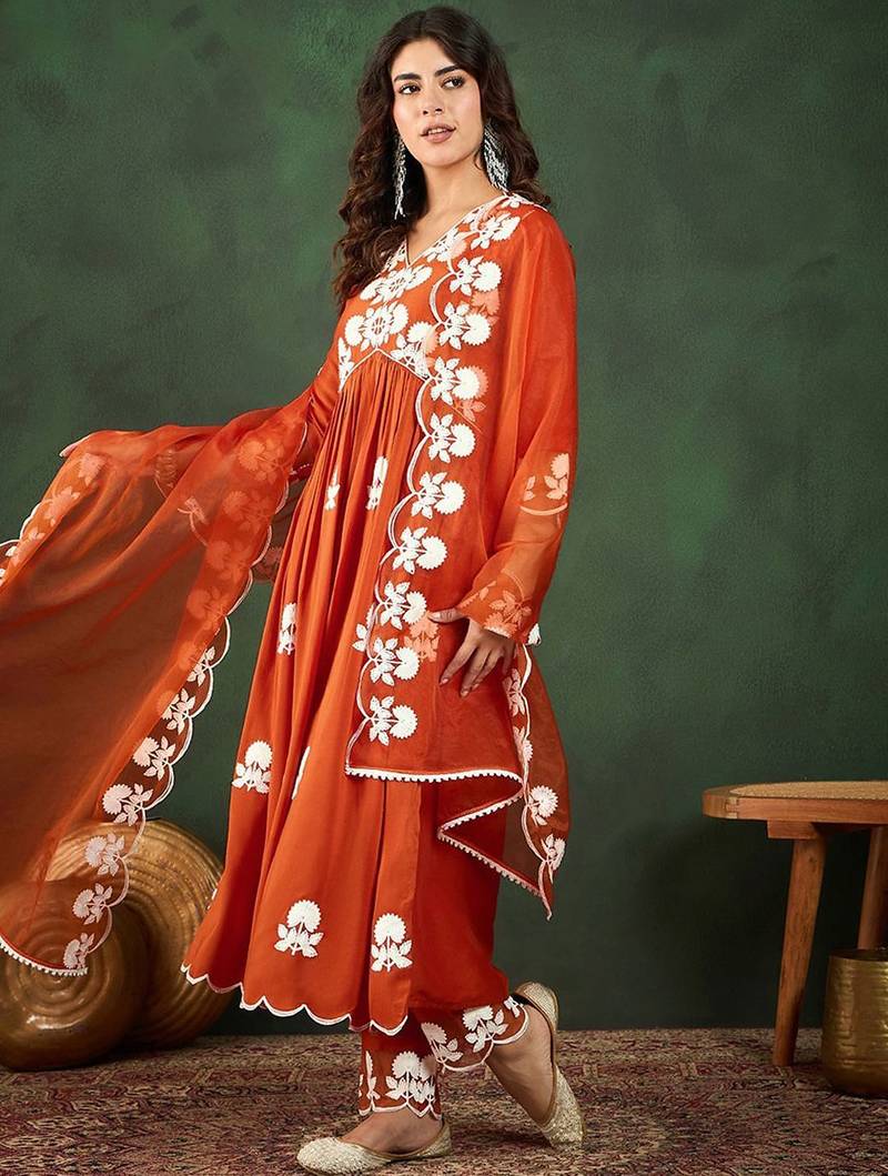 orange-coloured floral embroidered empire a-line kurta with trousers & dupatta